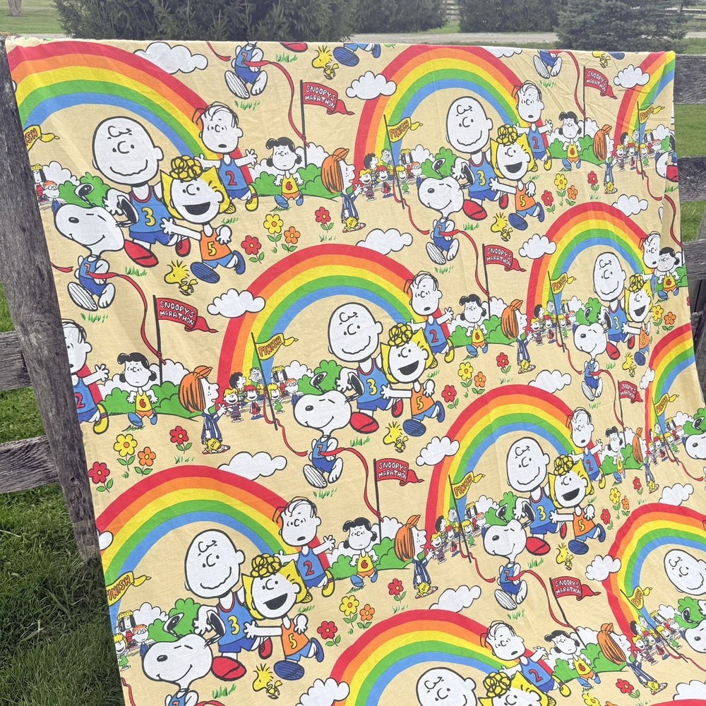 Vintage Snoopy Coverlet Flat Sheet TWIN Woodstock Rainbows Fabric Peanuts 70s